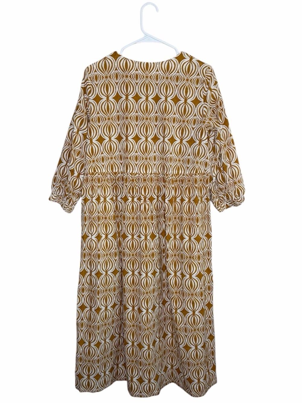 Toast UK Cross Front Yellow Seed Pod Block Print Midi Dress Size Small Cotton - Picture 3 of 11